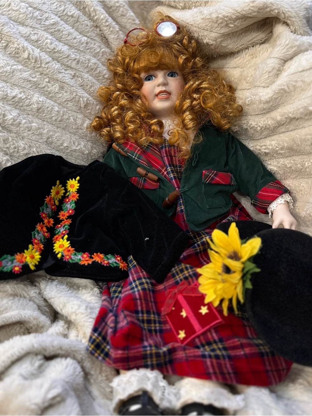 Curly Red-Haired Porcelain Doll in Green Coat and Plaid Dress